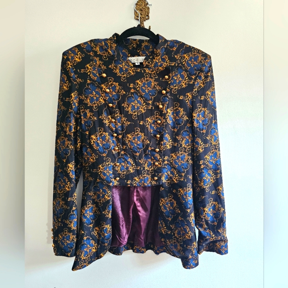 Vintage Black, Navy and Gold Zoe Ltd. Front-Cropped Blazer with Aubergine Lining